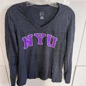 NYU Dark Heather Grey V-Neck Long Sleeve T-SHIRT with purple letters
